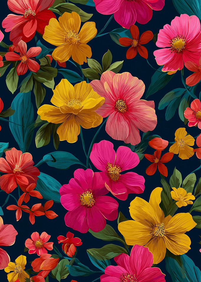 Vibrant Floral Pattern on Dark Background