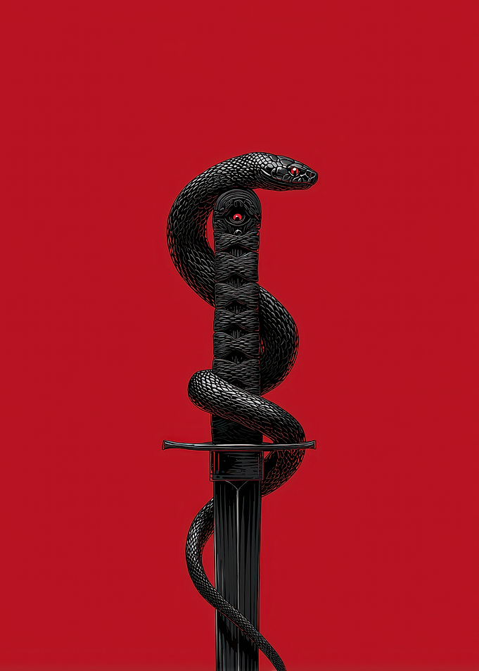 Black Snake Wrapped Around Katana