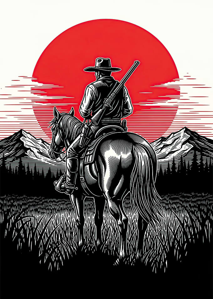 Cowboy on Horse at Sunset