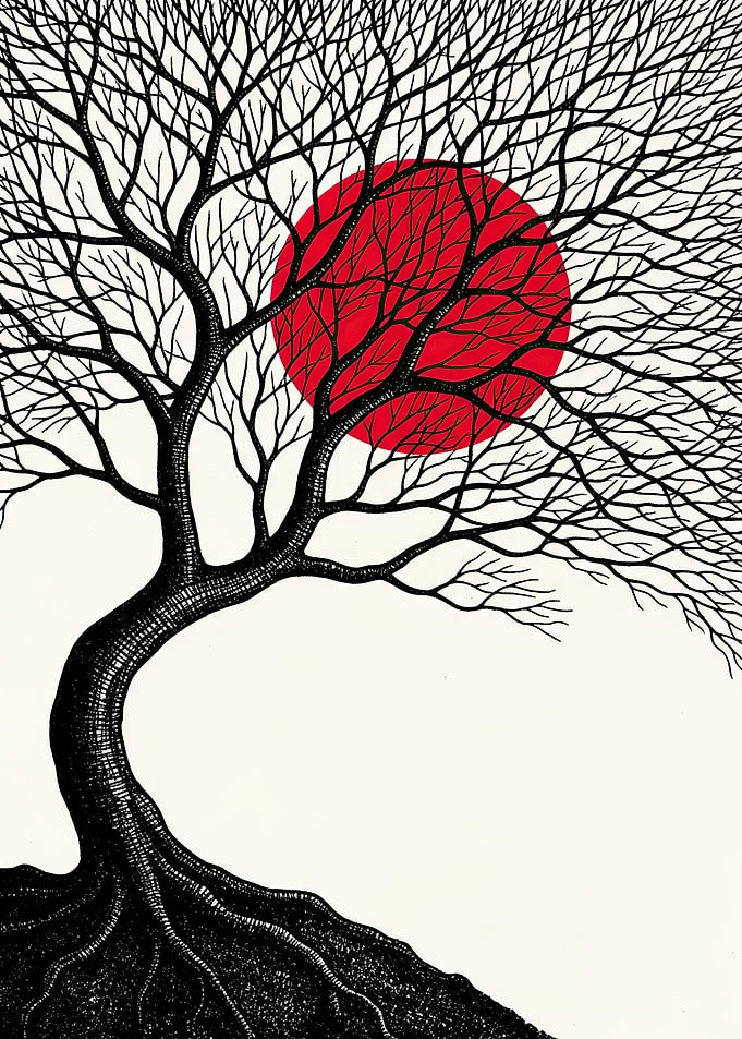 Bare Tree Silhouette Against Red Sun