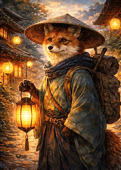 Fox spirit traveler with lantern