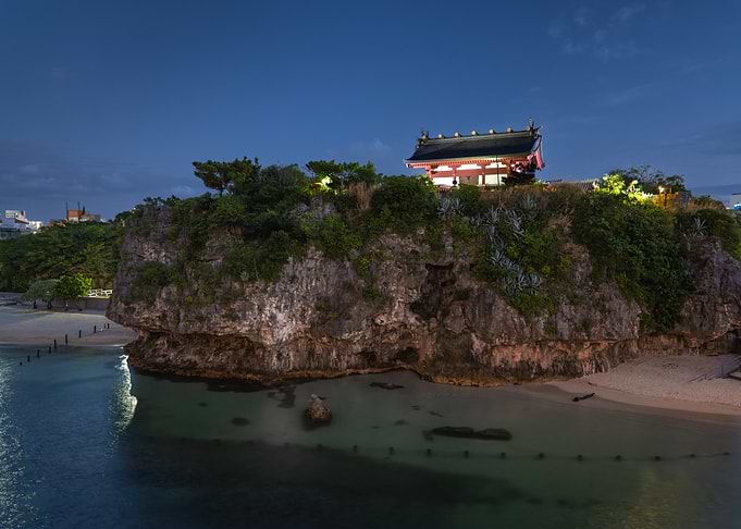Naha Okinawa Temple on a Cliff by the Sea at Dusk