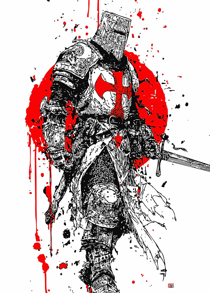 Templar Knight with Red Sun and Blood Splatter