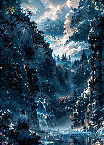 Mystical Mountain Valley at Night