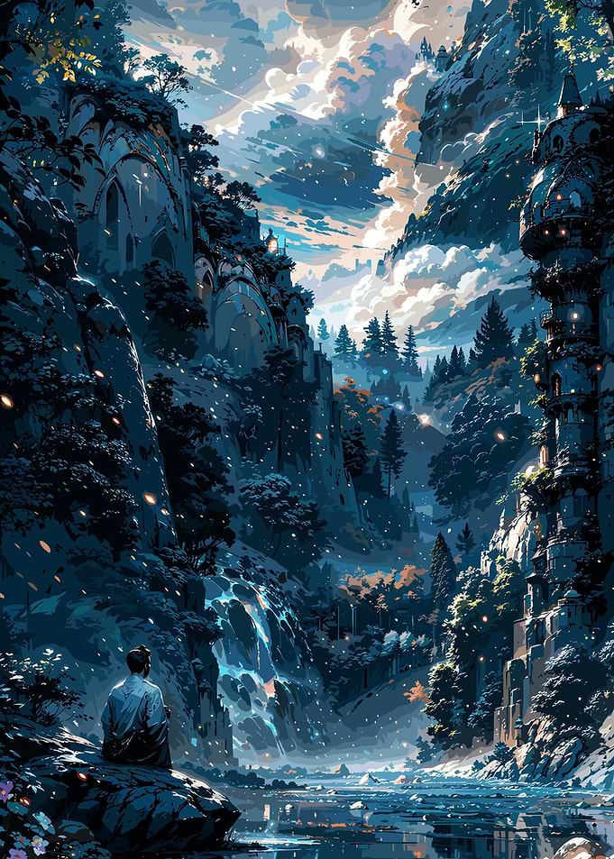 Mystical Mountain Valley at Night