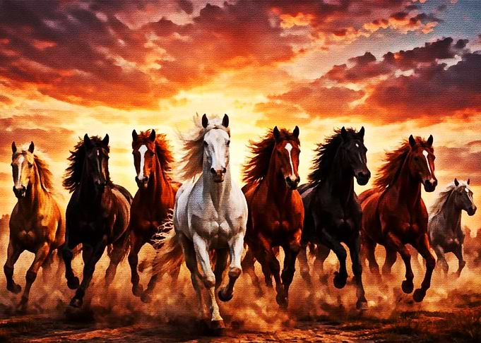 Herd of Horses Running at Sunset