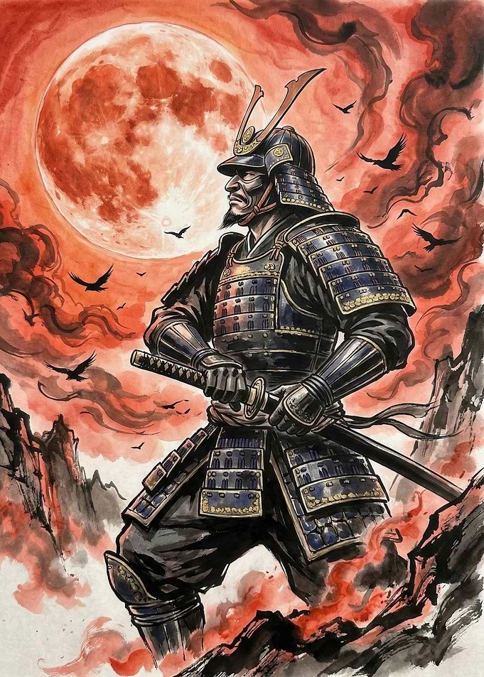 Samurai Warrior Under a Blood Moon