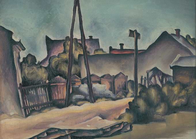 Impressionistic Village Scene with Power Lines