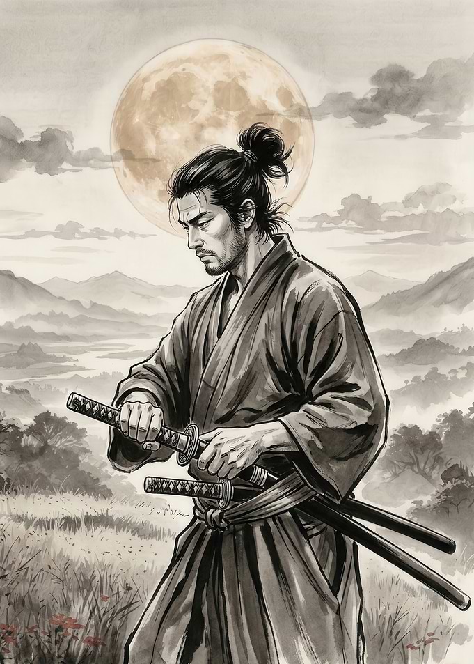 Samurai with Swords Under the Moon