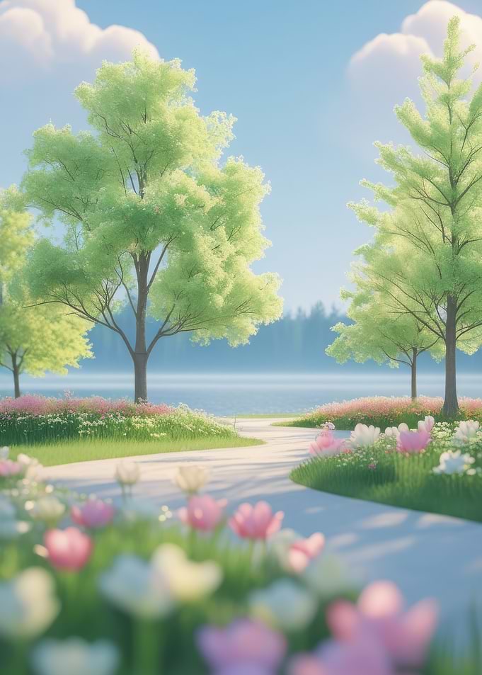 Spring Garden Path by the Lake