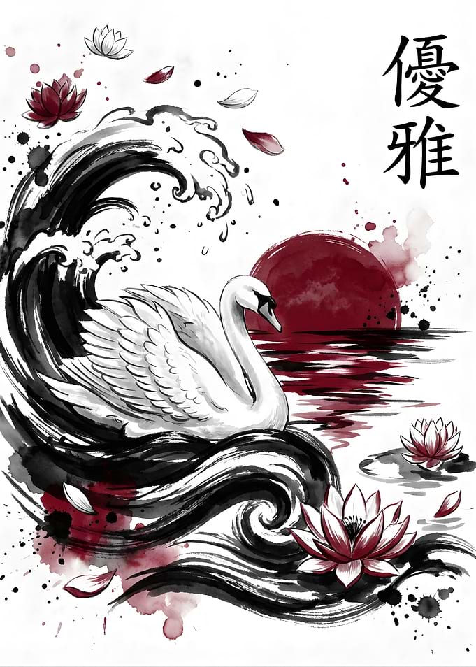 Elegant Swan and Lotus in Japanese Ink Style