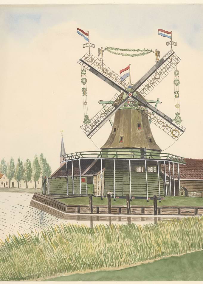 Dutch Windmill with Flags and Wreaths