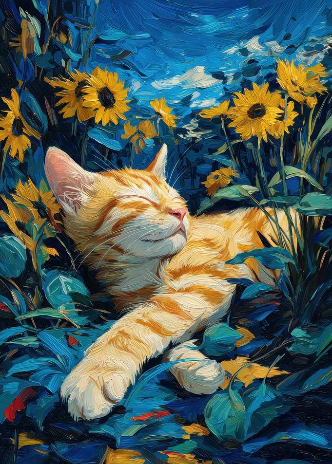 Orange Cat Sleeping Among Sunflowers