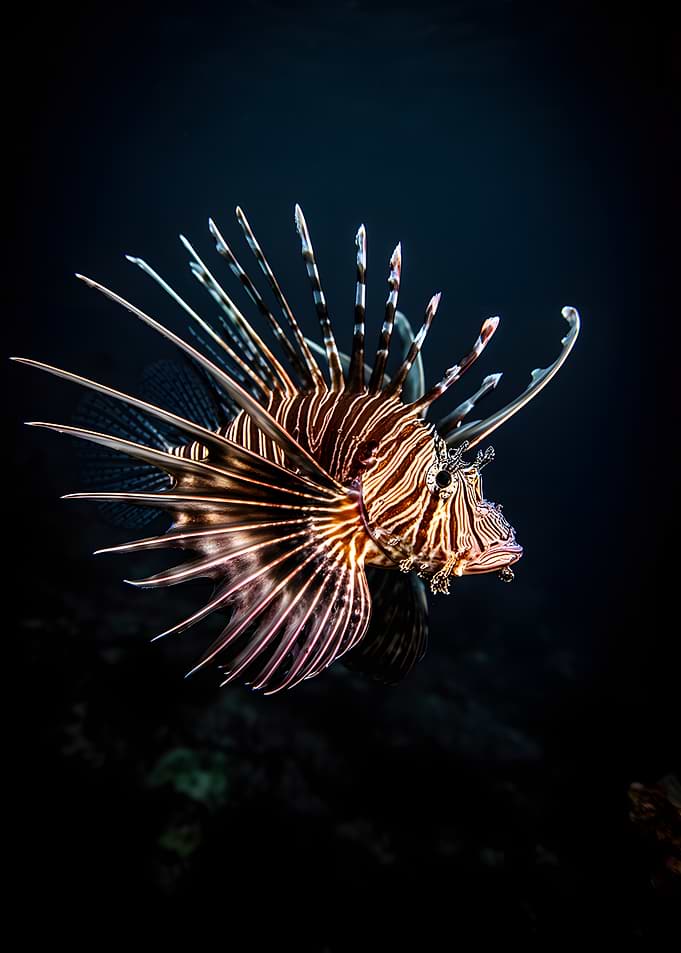 Lionfish swimming in dark water