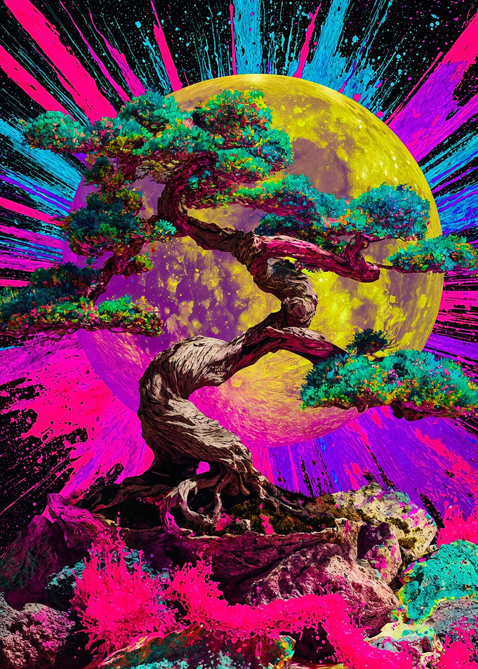Neon Bonsai Tree Moon Landscape