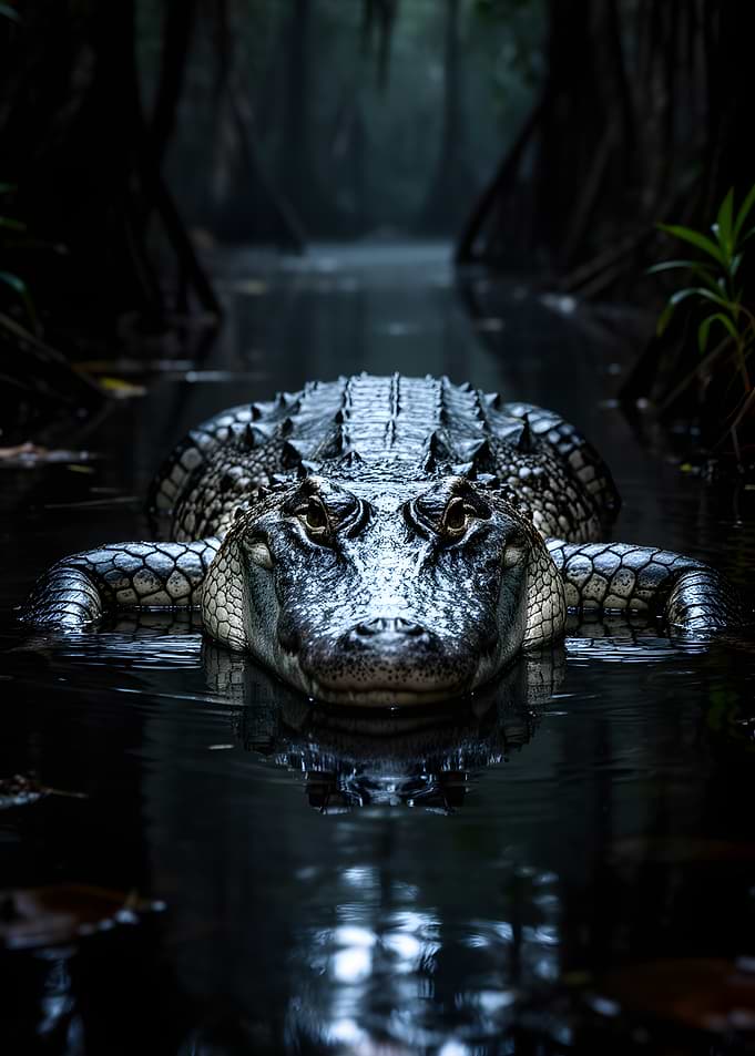 Alligator in dark swamp water