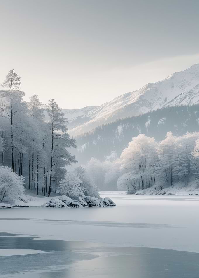 Winter Landscape with Frozen Lake and Mountains