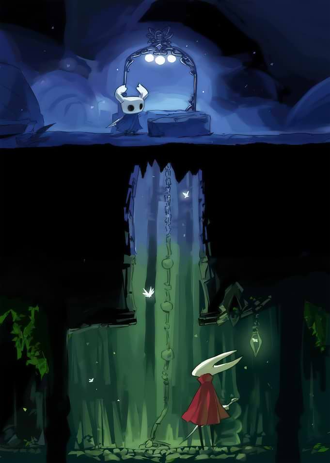 Hollow Knight Characters in a Dark Setting