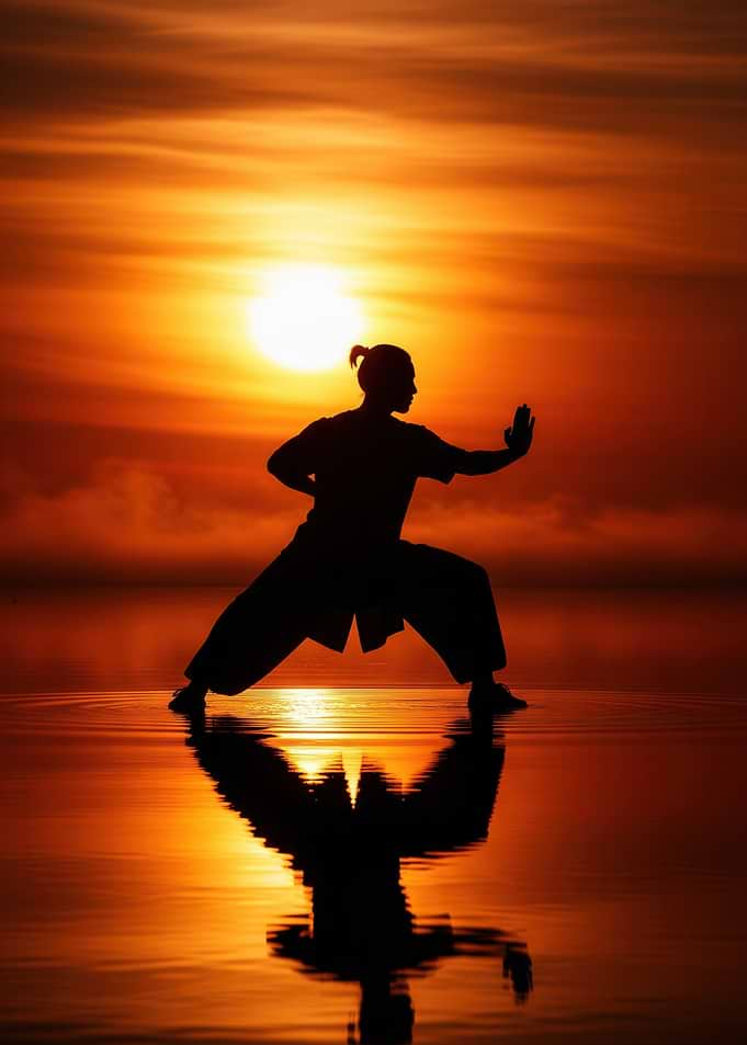 Silhouette of a martial artist at sunset