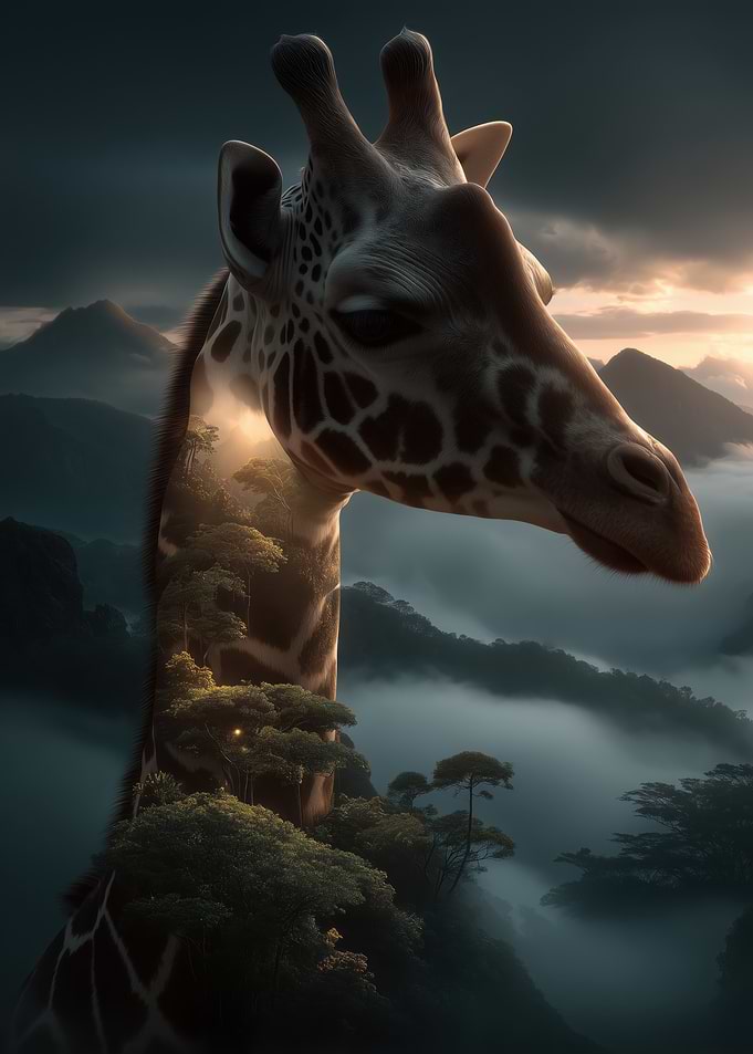 Surreal Giraffe Landscape Double Exposure