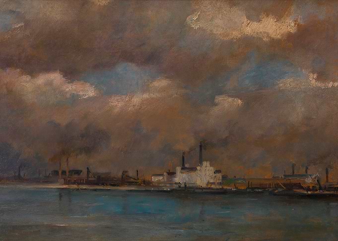 Industrial Waterfront with Smokestacks