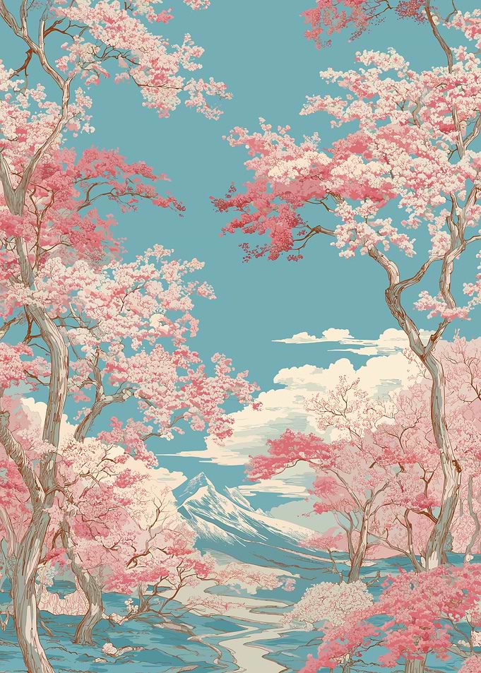 Cherry Blossoms Over Mountain Landscape