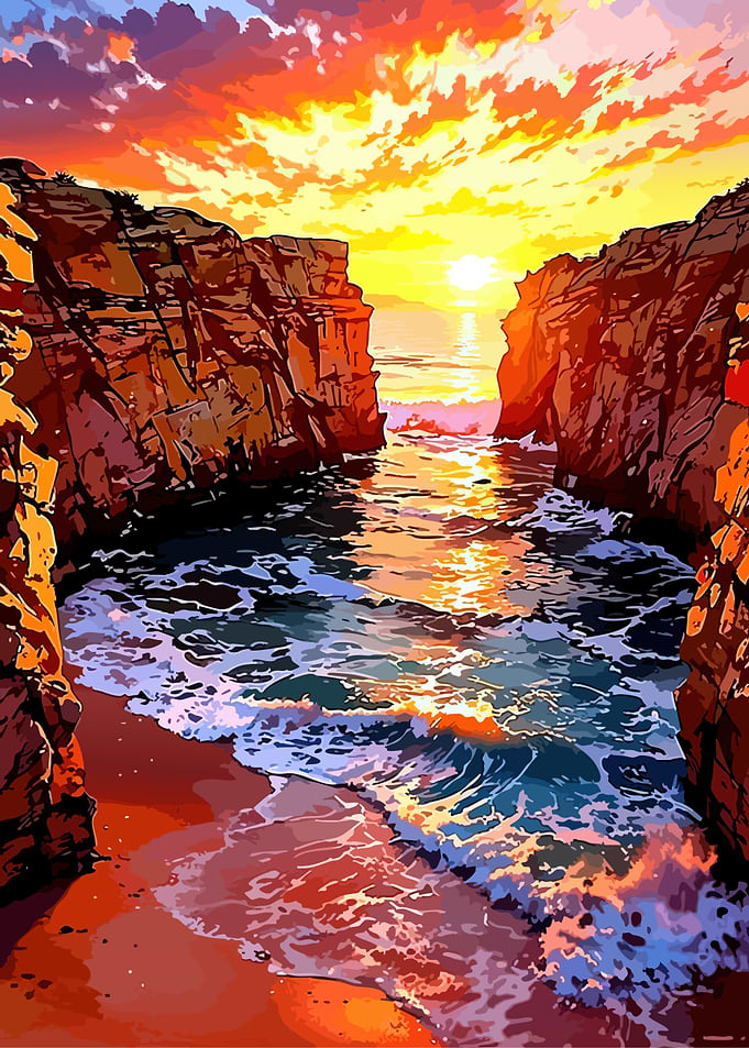 Dramatic Sunset Over Rocky Coastline