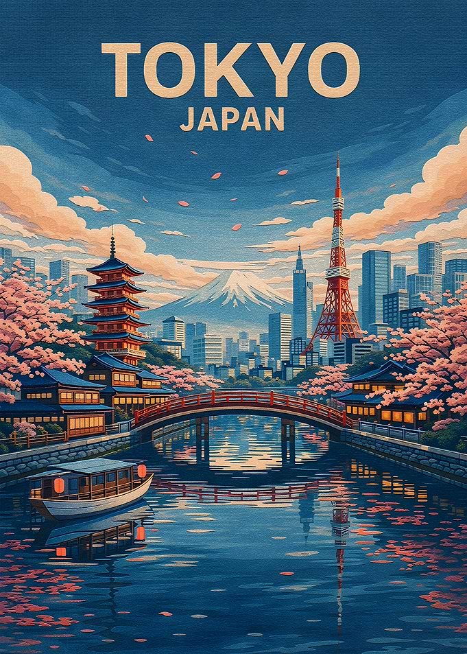 Tokyo cityscape with Mount Fuji and cherry blossoms