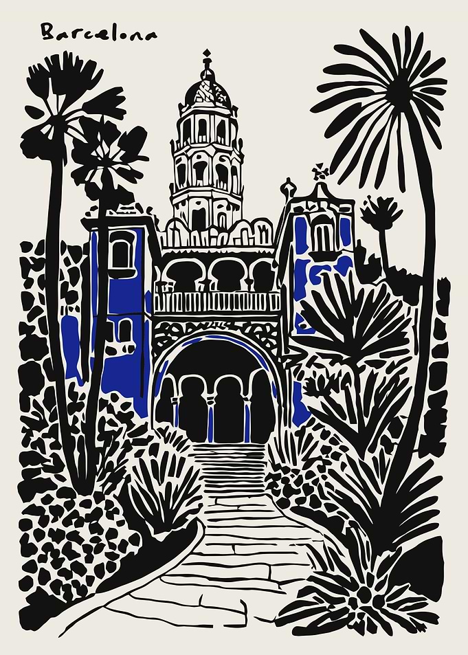 Barcelona Landmark with Tropical Plants
