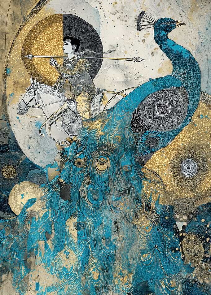Warrior Riding Horse with Peacock