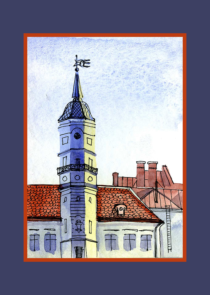 Watercolor Painting of a Tower and Rooftops