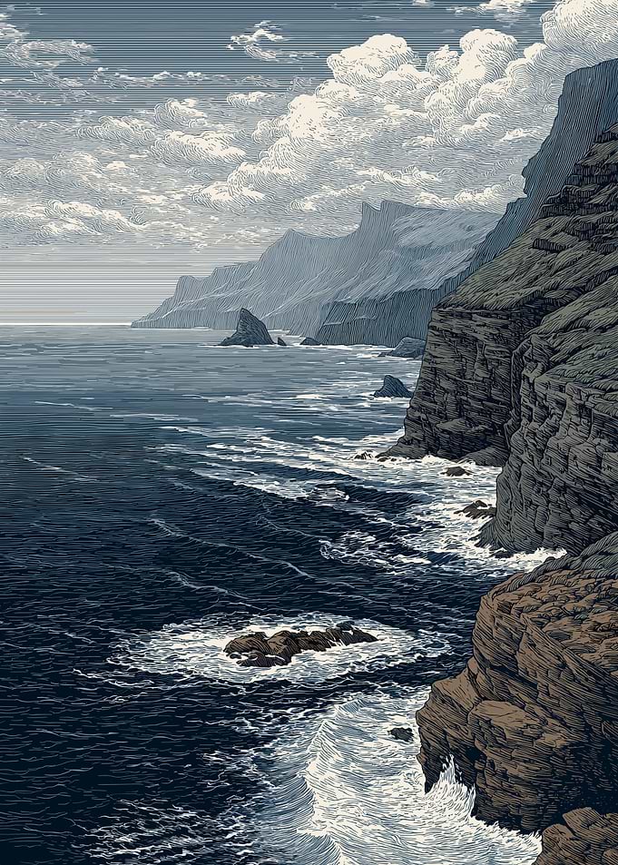 Rugged Coastline with Crashing Waves