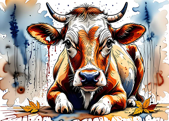Watercolor Cow with Autumn Leaves