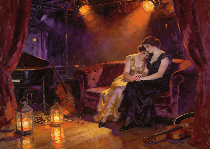 Two women on a couch with musical instruments