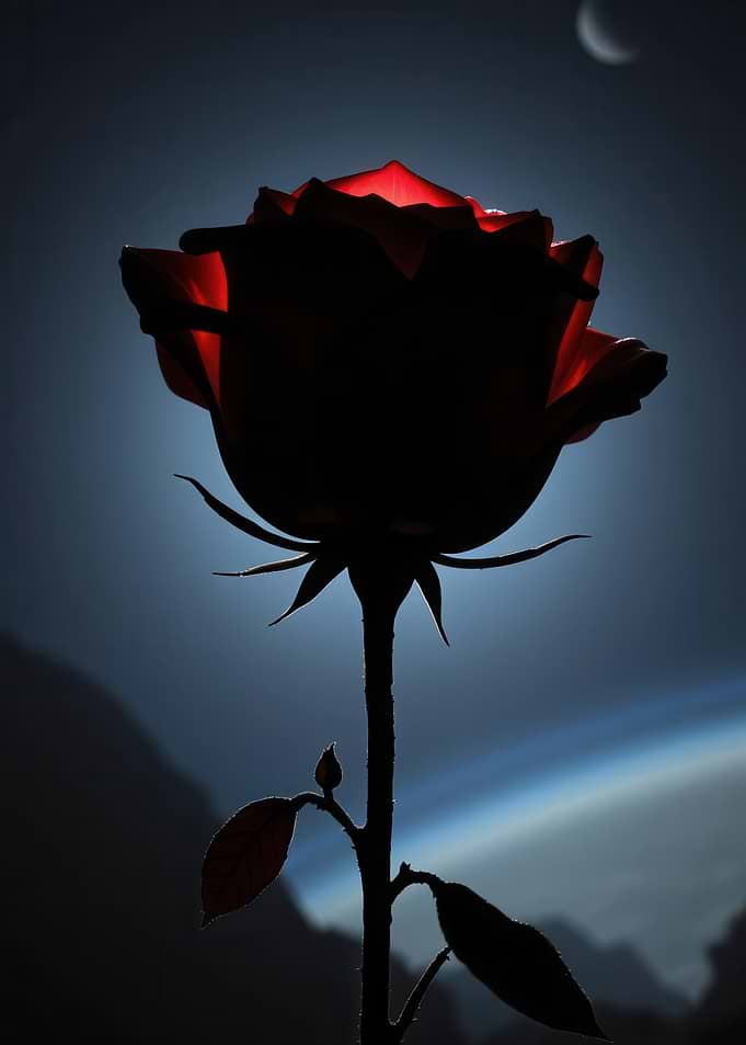 Silhouette of a red rose against the moon
