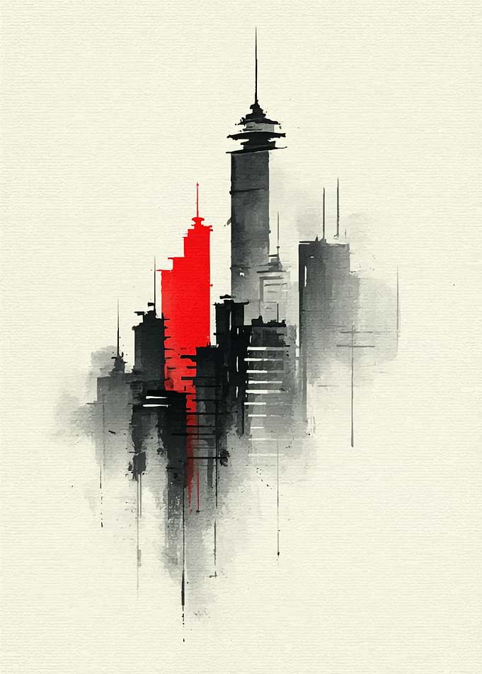 Red skyscraper in a monochrome city