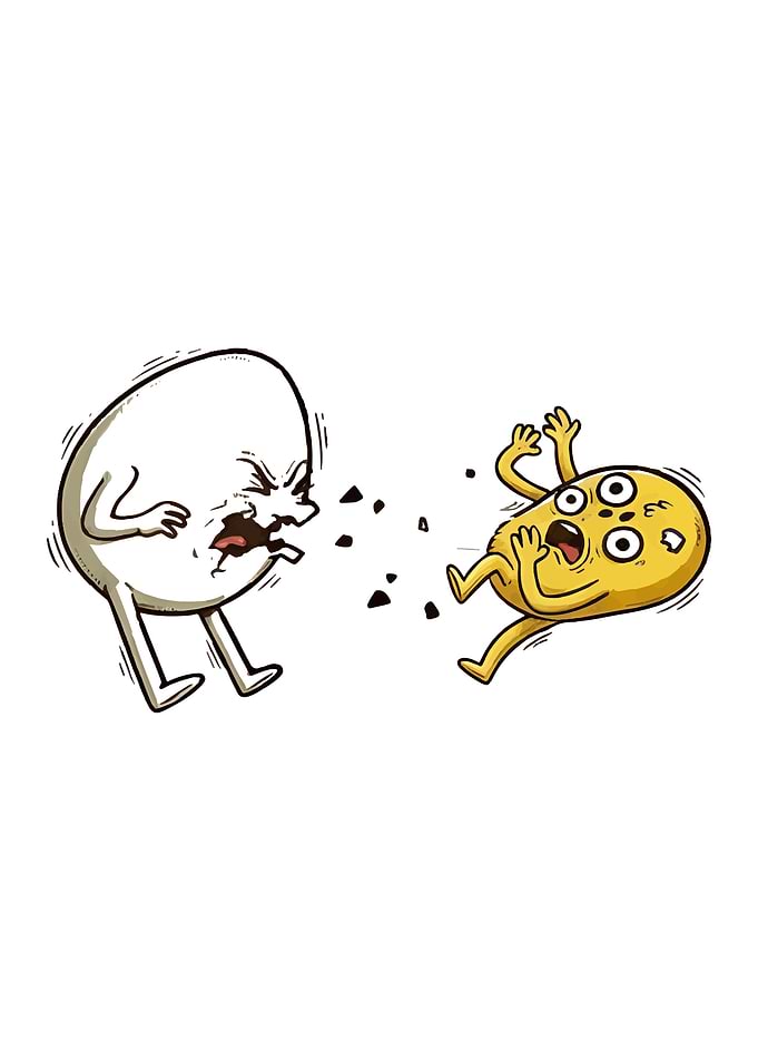 Egg character spitting at potato character