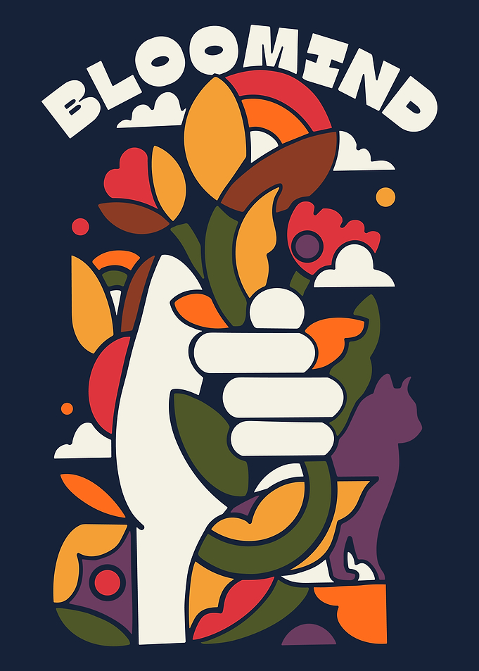 Bloomind Floral Poster, Whimsical Hand Flower Art with Cat, Colorful Modern Wall Print