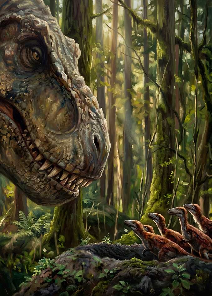 Tyrannosaurus Rex and Hatchlings in Forest