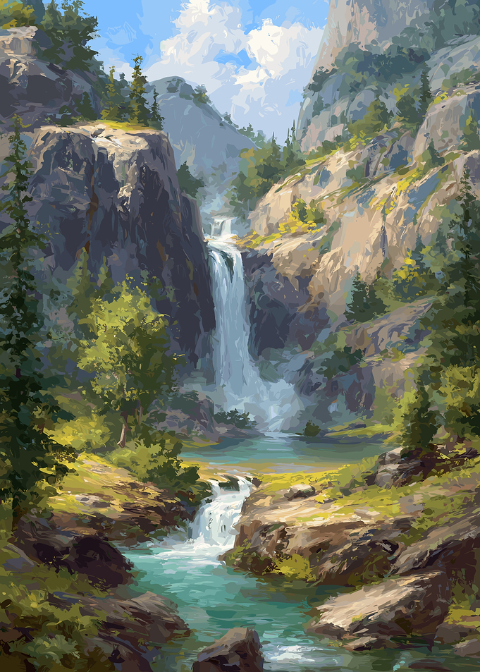 Majestic Waterfall in a Mountainous Forest