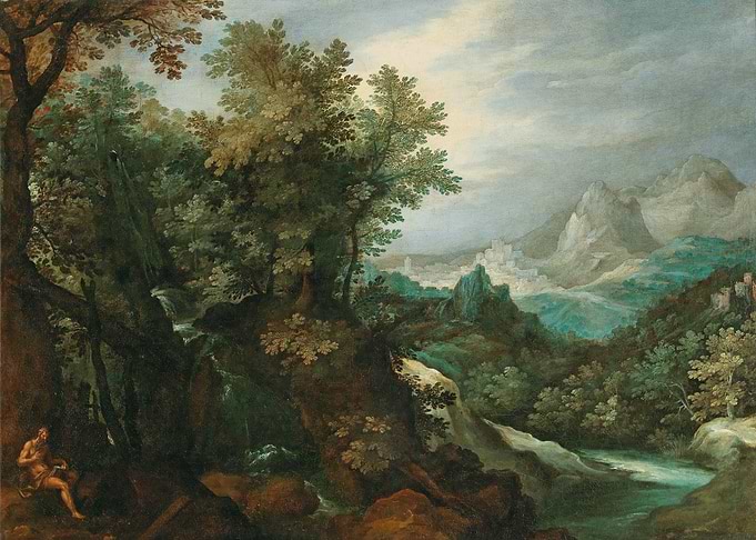 Pastoral Landscape with Waterfall and City