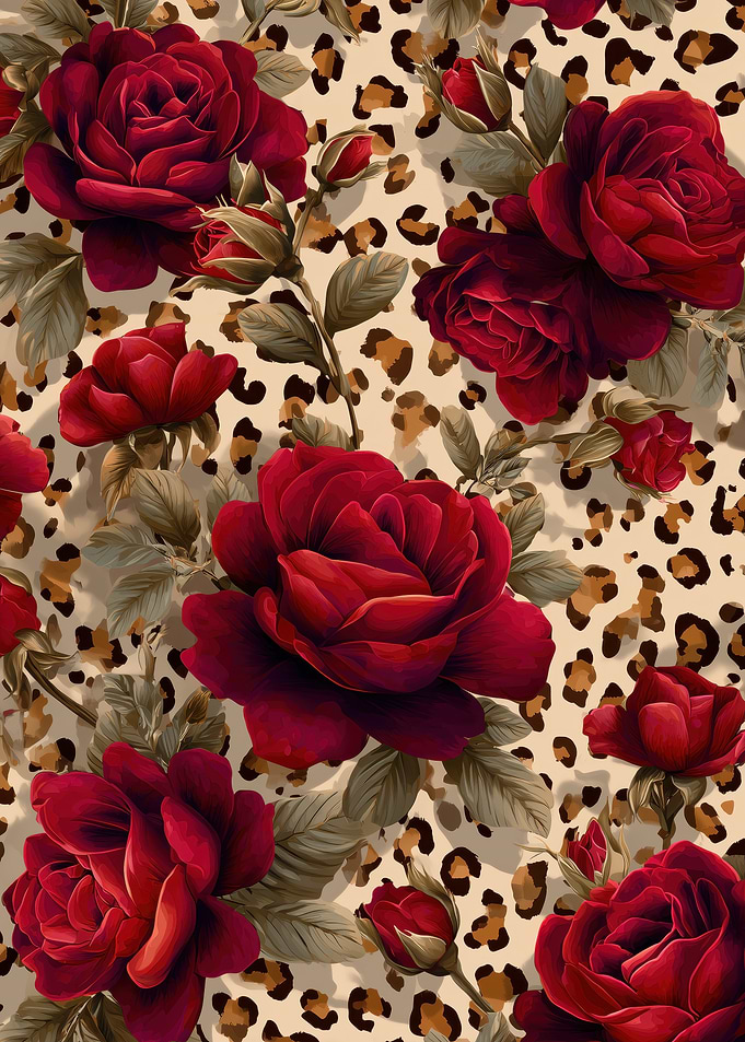 Red Roses on Leopard Print Background