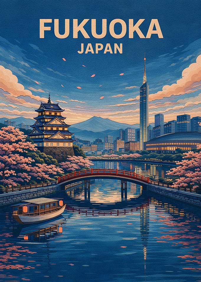 Fukuoka Japan Cityscape with Cherry Blossoms