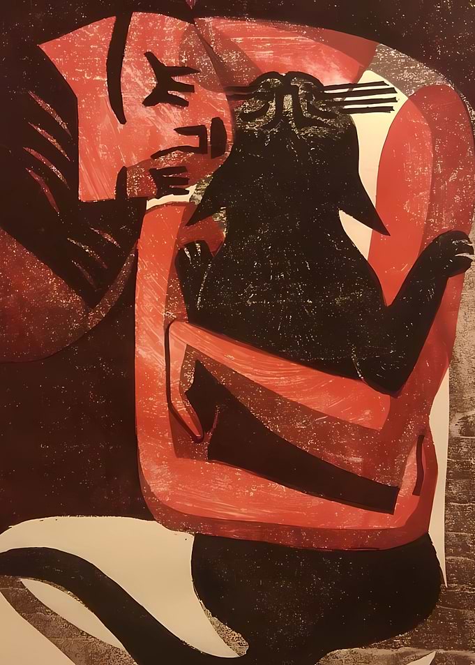 Abstract Embrace of Human and Cat