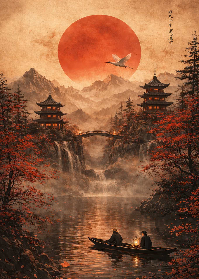 Serene Japanese Landscape with Pagodas