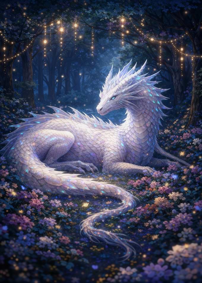 White Dragon in a Magical Forest