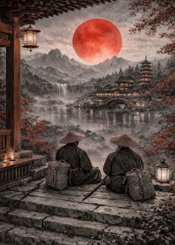 Two monks watching a red moon over a Japanese landscape