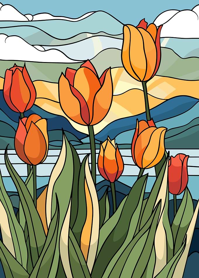 Stained Glass Tulips and Landscape