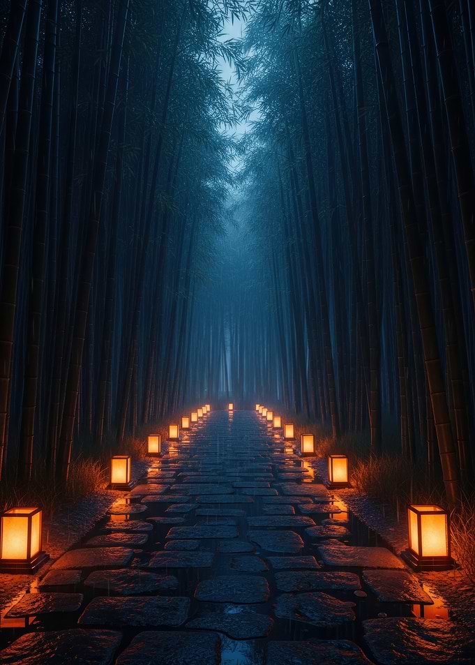 Bamboo Forest Path at Night