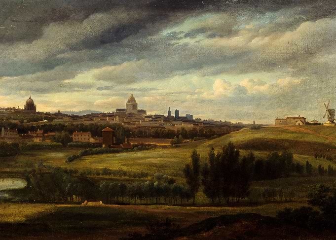 Panoramic cityscape with rolling hills
